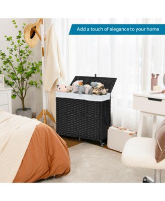 Laundry Hamper w/Wheels &amp; Lid, 125L 3-Section Clothes Hamper w/2 Liner Bags