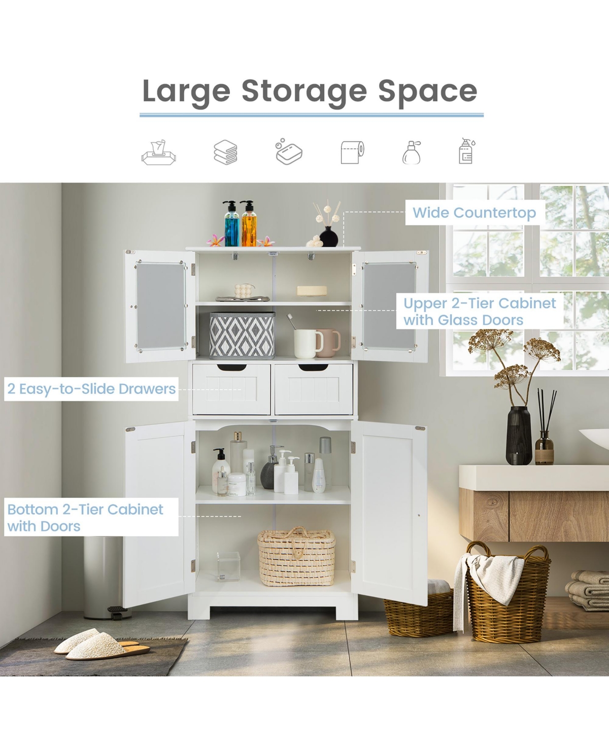 Costway Bathroom Floor Storage Cabinet Kitchen Cupboard with 2 Drawers & Glass Doors
