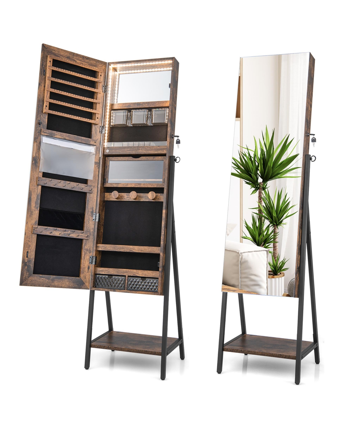 Costway Jewelry Cabinet Armoire 3 Color Led Modes Full-Length Frameless Mirror Lockable