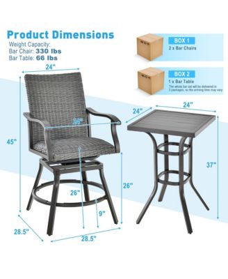 3PCS Patio Rattan Bar Table Stools Set Aluminum 360° Swivel Chairs with Padded Seat