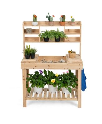 Potting Bench Table Wooden Garden Work Bench Platform with Display Rack Hidden Sink
