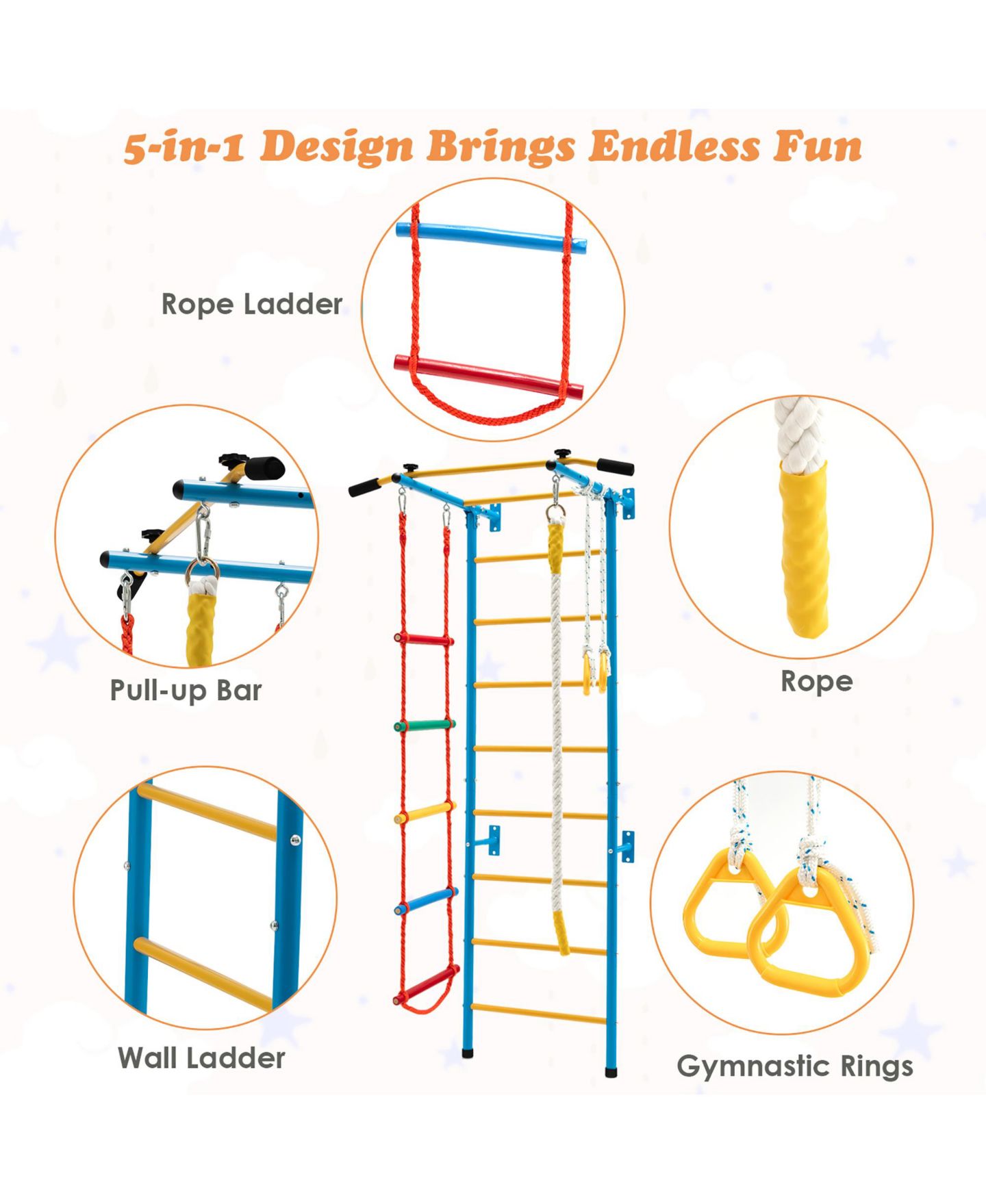Детская игрушка Costway 5 in 1 Kids Indoor Gym Playground Swedish Wall Ladder Children Home, цвет: Синий — фото 5