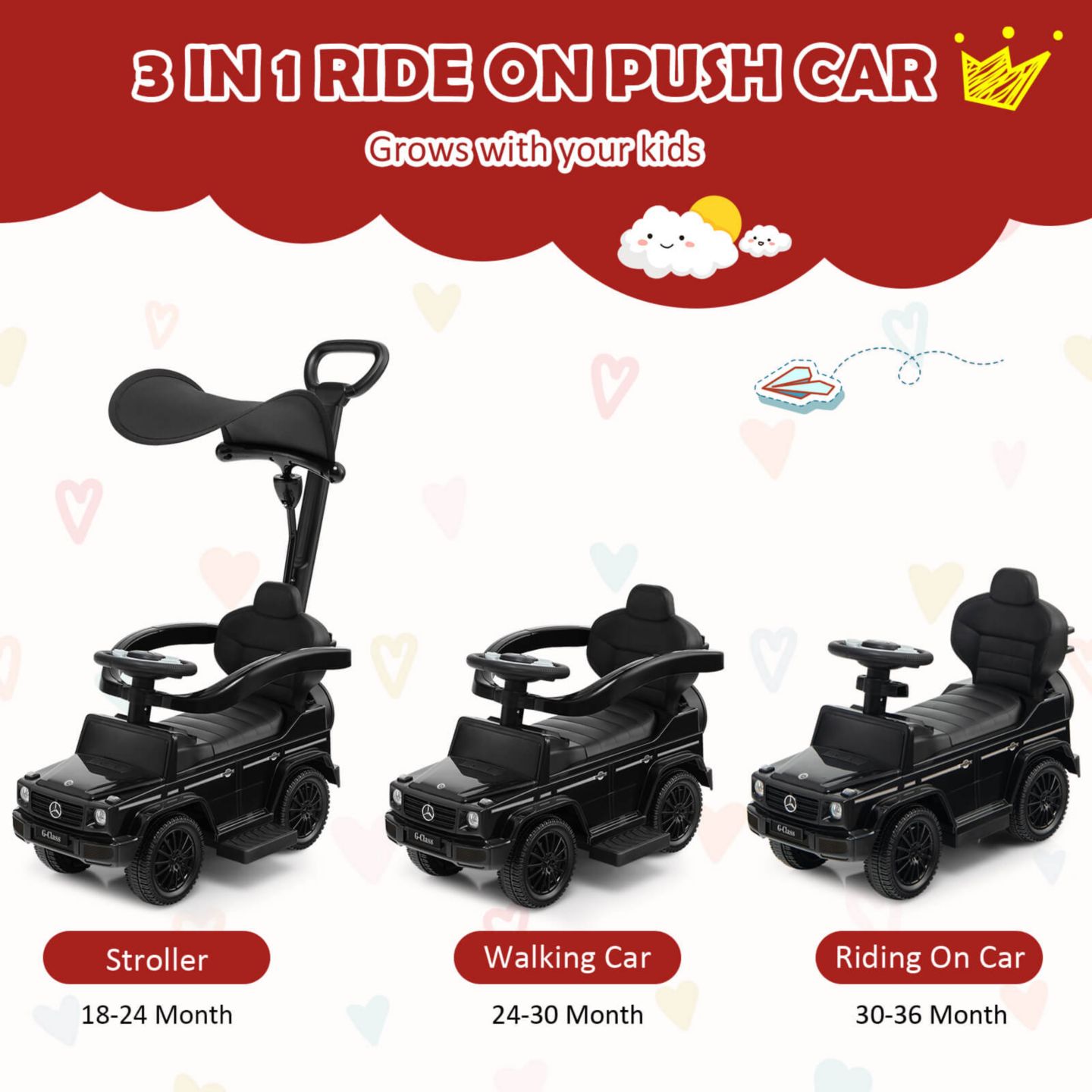 Детская игрушка Costway Mercedes Benz G350 3 in 1 Ride-On Push Car with Handle, Ages 18-36 Months, цвет: Чёрный — фото 5