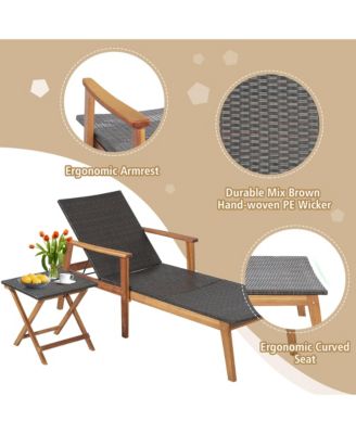 2PCS Patio Rattan Lounge Chair Chaise Recliner Wood Back Adjust W/Folding Table