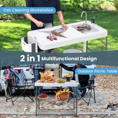 Folding Fish Cleaning Table Portable Camping Table with Faucet Hose Grid Rack