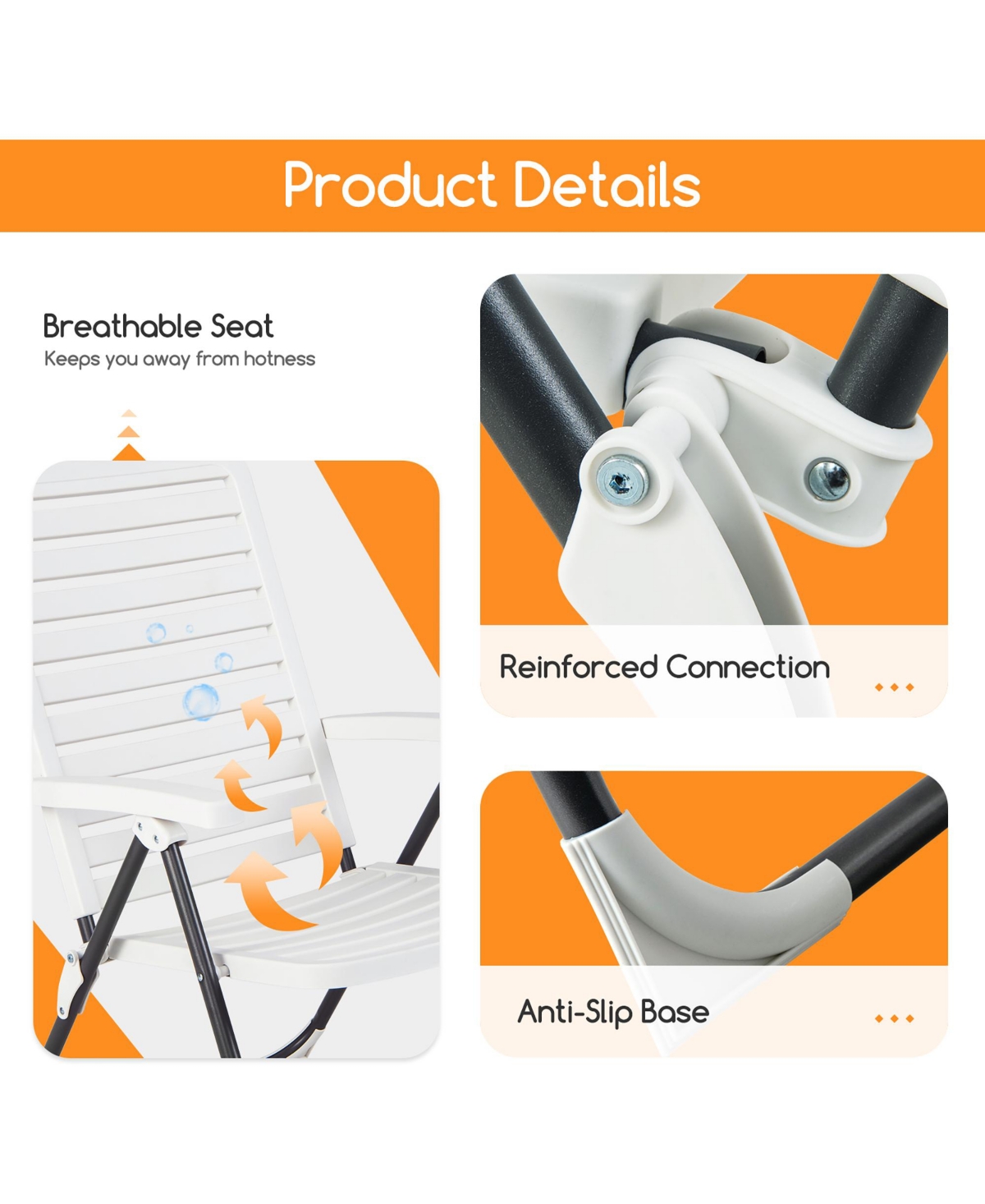 Costway Patio Pp Folding Chair Adjustable Reclining 7-Level All-Weather Portable Outdoor