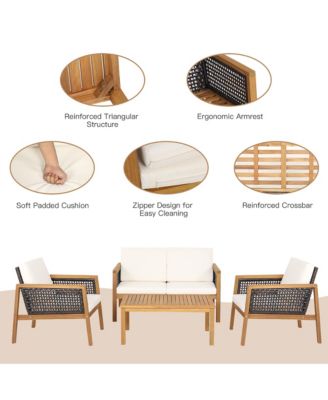 4PCS Patio Rattan Furniture Set Acacia Wood Cushioned Sofa