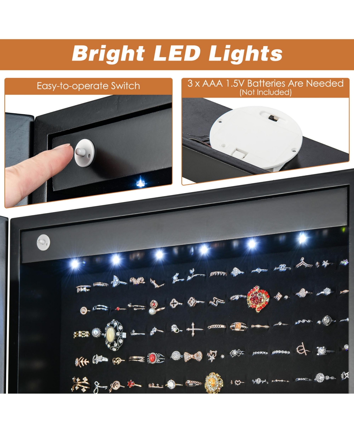 Costway Jewelry Cabinet Armoire Full Length Frameless Mirror Lockable with Lights