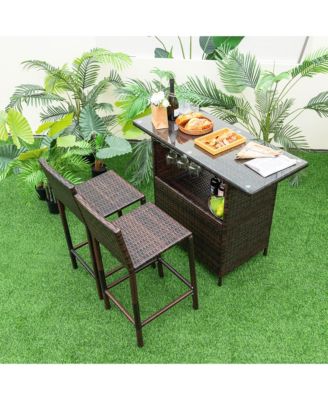Patio 3PCS Wicker Bar Set Height Table Two Stools with 3 Rows Stemware Racks Garden