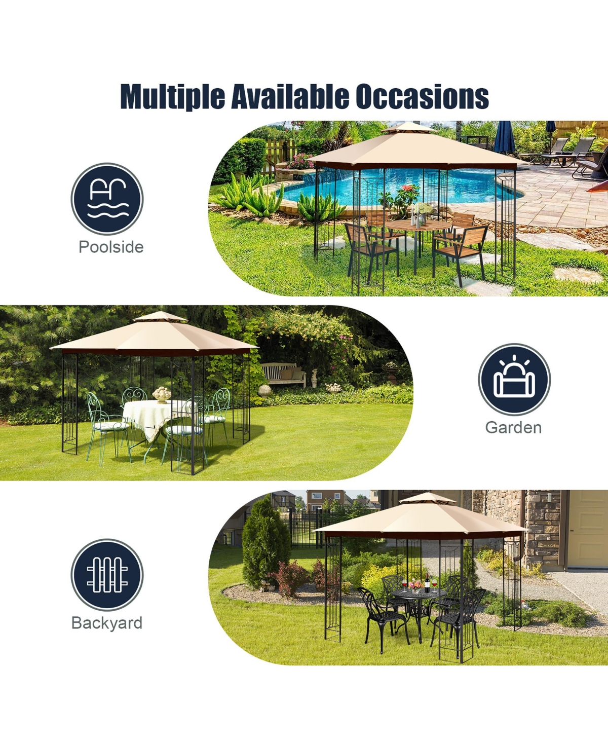 Costway Patio Canopy Gazebo Outdoor 2-Tier Steel Tent Heavy-Duty L-Shaped -khaki