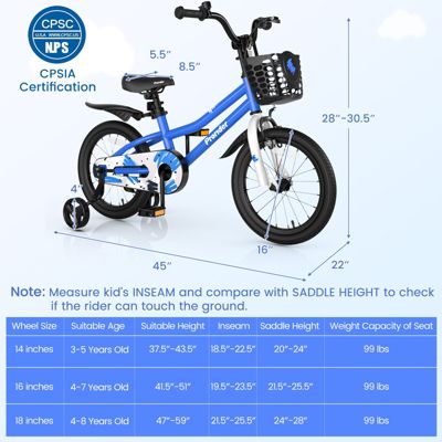 16'' Kid's Bike with Removable Training Wheels & Basket for 4-7 Years Old