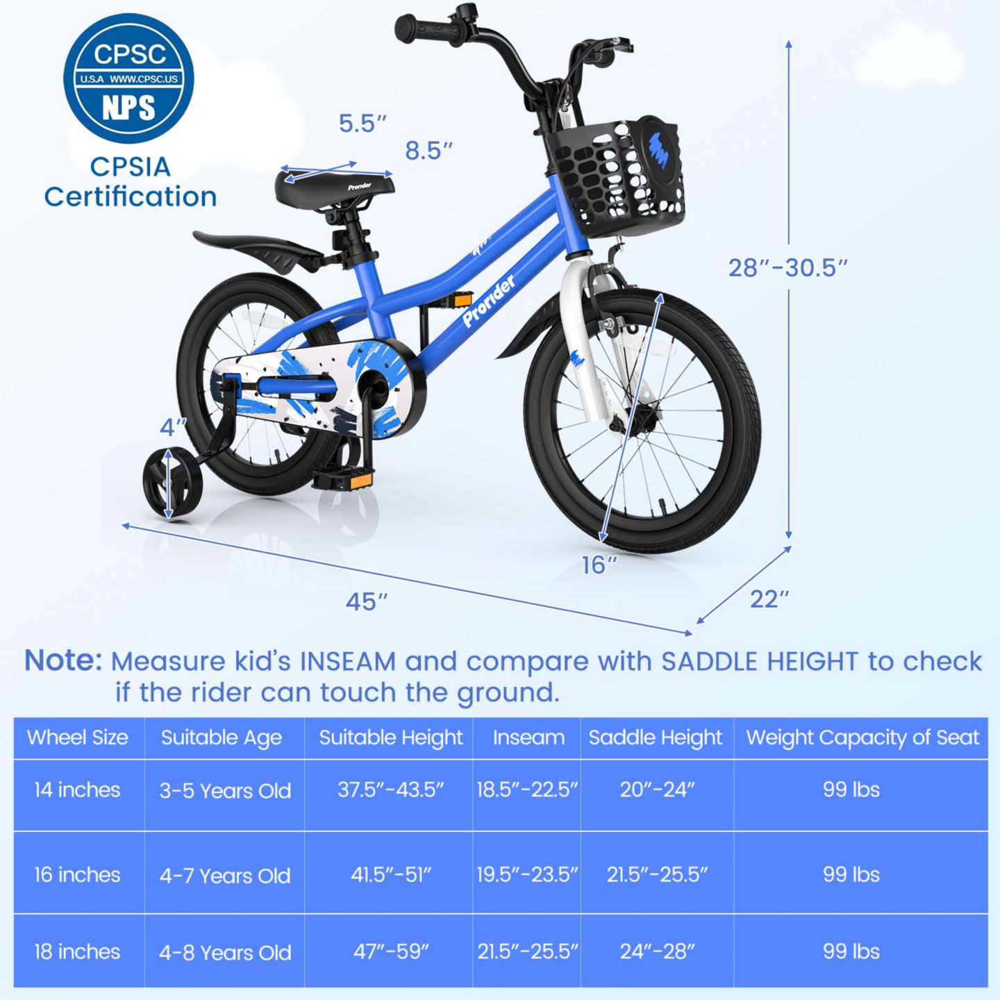 Детская игрушка Costway Racing Pattern Series 16" Height-Adjustable Kids' Bike with Removable Training Wheels, Ages 4-7, цвет: Синий — фото 9