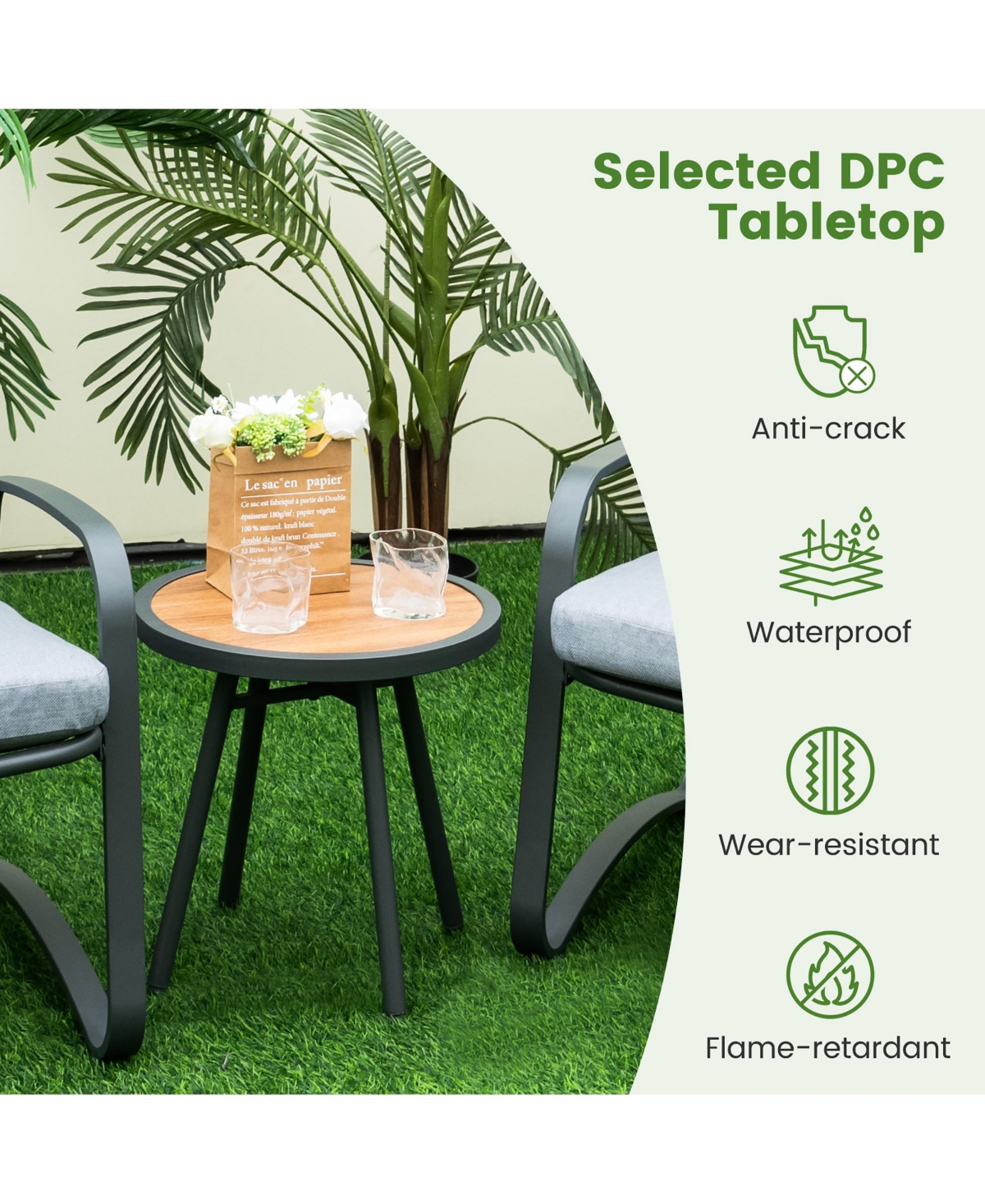 Costway 3pcs Patio Bistro Conversation Set Dpc Tabletop Metal Cushioned Chairs Outdoor