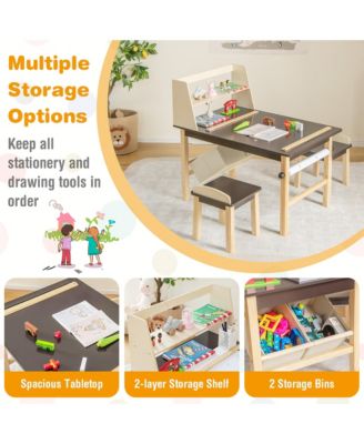 Kids Art Table & 2 Chairs Set Wooden Drawing Desk