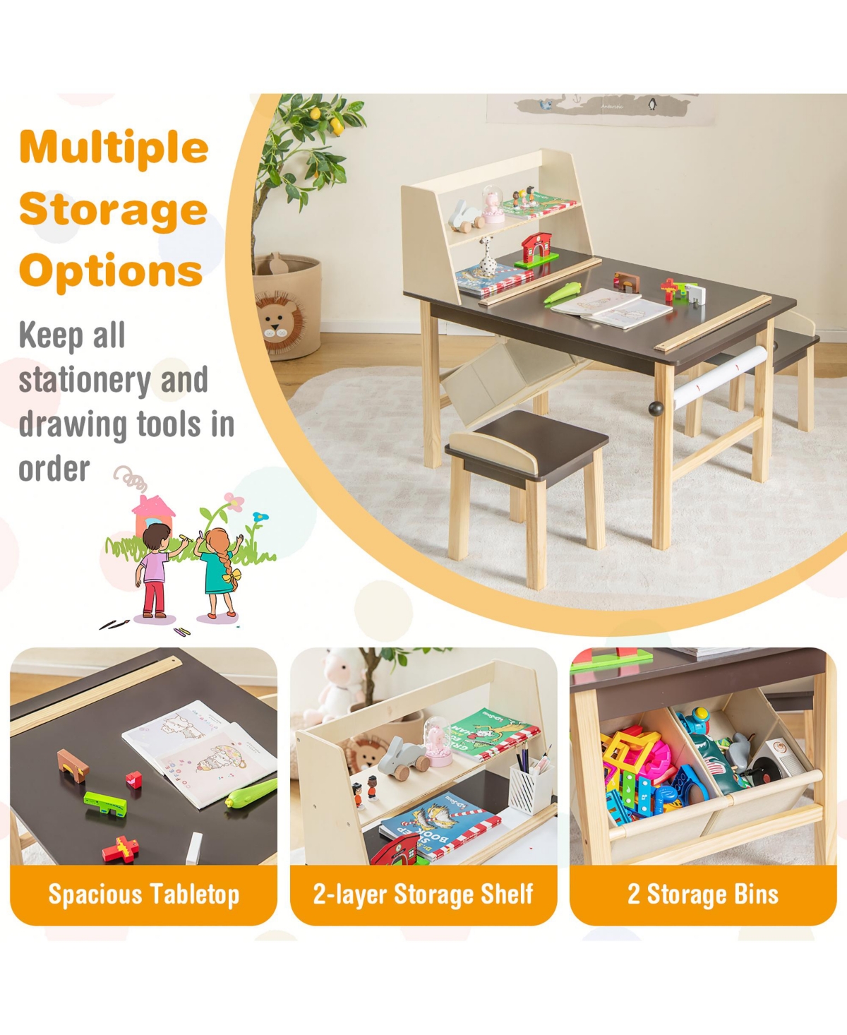 Kids Art Table & 2 Chairs Set Wooden Drawing Desk