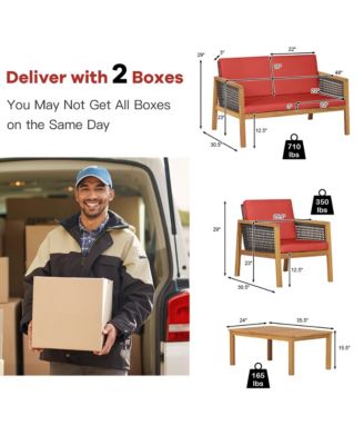 4PCS Patio Rattan Furniture Set Acacia Wood Cushioned Sofa