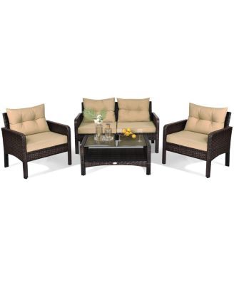 4PCS Rattan Wicker Patio Conversation Set Cushioned Outdoor Furniture Set