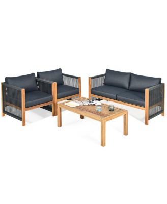 8PCS Acacia Wood Outdoor Patio Furniture Set Cushioned Sofa W/Nylon Rope Armrest