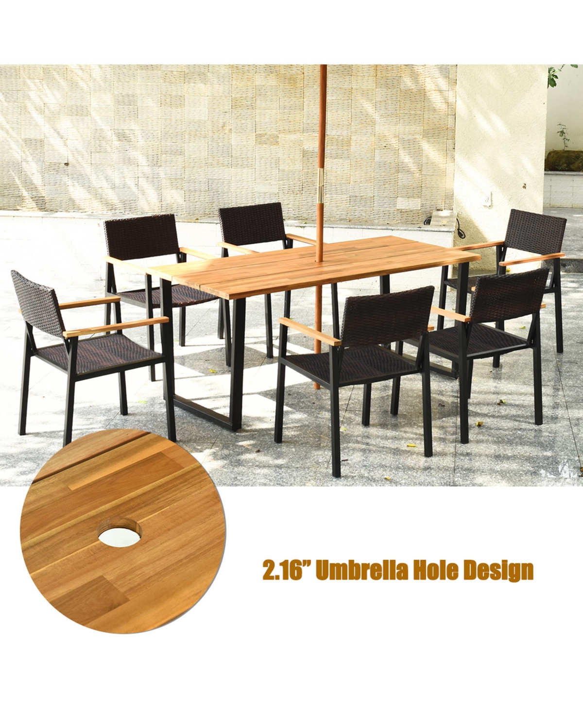 Gymax Patented 7PCS Patio Garden Dining Set Outdoor Dining Furniture Set w/ Umbrella Hole - Black+natural
