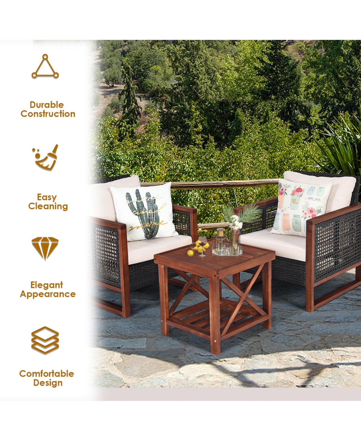 Gymax 3PCS Rattan Wicker Patio Conversation Set Outdoor Furniture Set w/ Cushion - Light beige+brown