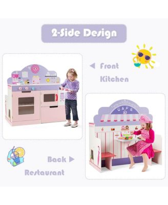 2 in 1 Kids Play Kitchen & Cafe Restaurant Wooden Pretend Cooking Playset Toy