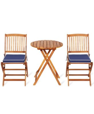 3PC Folding Patio Conversation Set Acacia Wood Bistro Set w/ Cushions