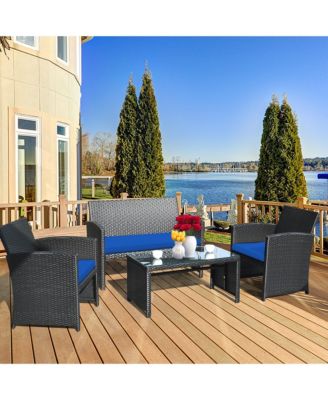 4PCS Rattan Outdoor Conversation Set Patio Furniture Set w/ Navy Cushions