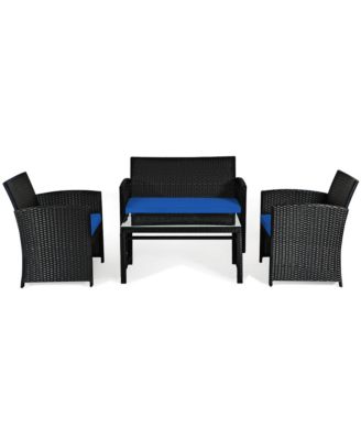4PCS Rattan Outdoor Conversation Set Patio Furniture Set w/ Navy Cushions