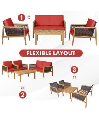 4PCS Patio Acacia Wood Furniture Set PE Rattan Conversation Set w/ Red Cushions