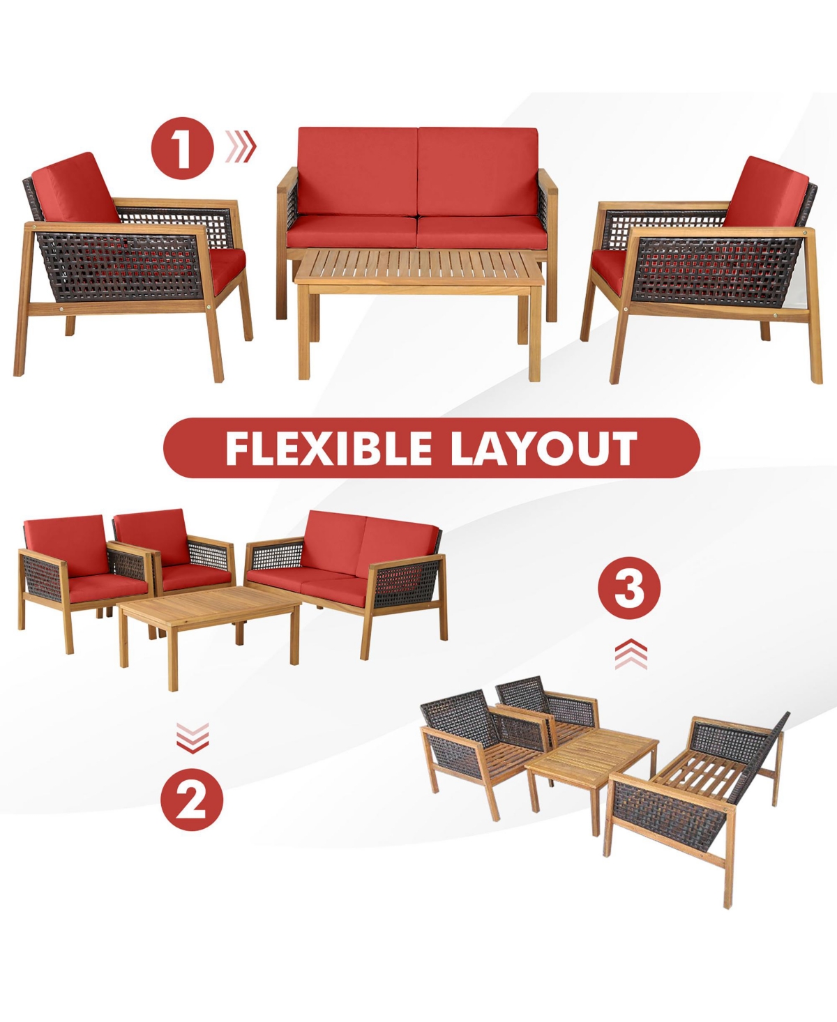 Gymax 4PCS Patio Acacia Wood Furniture Set Pe Rattan Conversation Set w/ Red Cushions