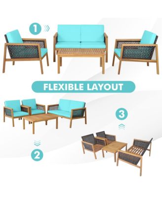 8PCS Patio Acacia Wood Furniture Set PE Rattan Conversation Set w/ Turquoise Cushions