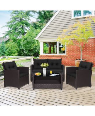 4PCS Outdoor Conversation Set Patio PE Rattan Set w/ Glass Table & Sofa Cushions