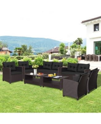4PCS Outdoor Conversation Set Patio PE Rattan Set w/ Glass Table & Sofa Cushions