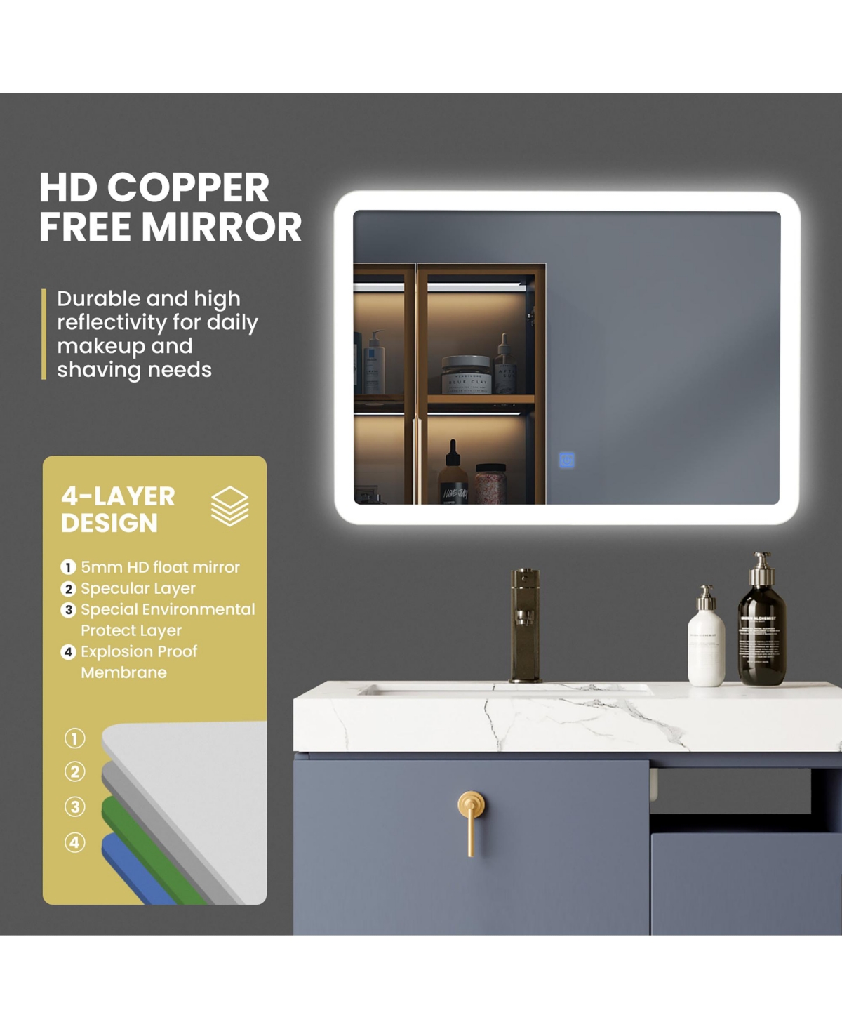 Costway Wall Mounted Rectangle Bathroom Led Mirror Dimmable Touch 3-Color Frameless