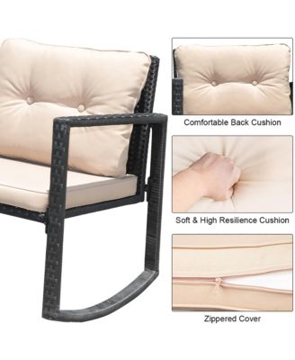 3PC Patio Rattan Conversation Set Rocking Chair Cushioned
