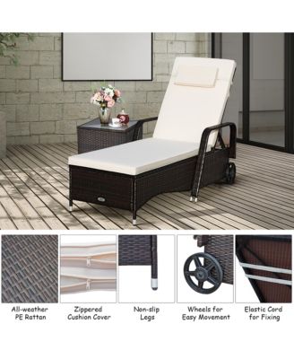 Outdoor Chaise Lounge Chair Recliner Cushioned Patio Furniture Adjustable Wheels