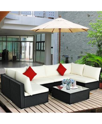 7PCS Patio Rattan Furniture Set Sectional Sofa Cushioned Glass Table