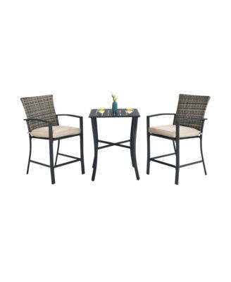 Patio Rattan Bar Furniture Set Slat Table 2 Cushioned Stools Poolside