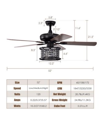 52'' Ceiling Fan with Light Reversible Crystal Ceiling Fan Lamp W/Remote Control