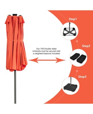 15FT Twin Patio Double-Sided Umbrella 48 Solar LED Lights Crank Outdoor