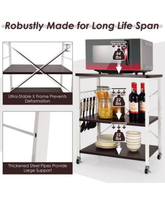 3-Tier Kitchen Baker s Rack with Adjustable Shelves, Hooks, and Lockable Wheels for Microwave and Utility Storage