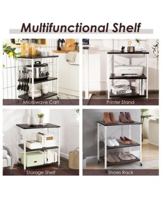 3-Tier Kitchen Baker s Rack with Adjustable Shelves, Hooks, and Lockable Wheels for Microwave and Utility Storage