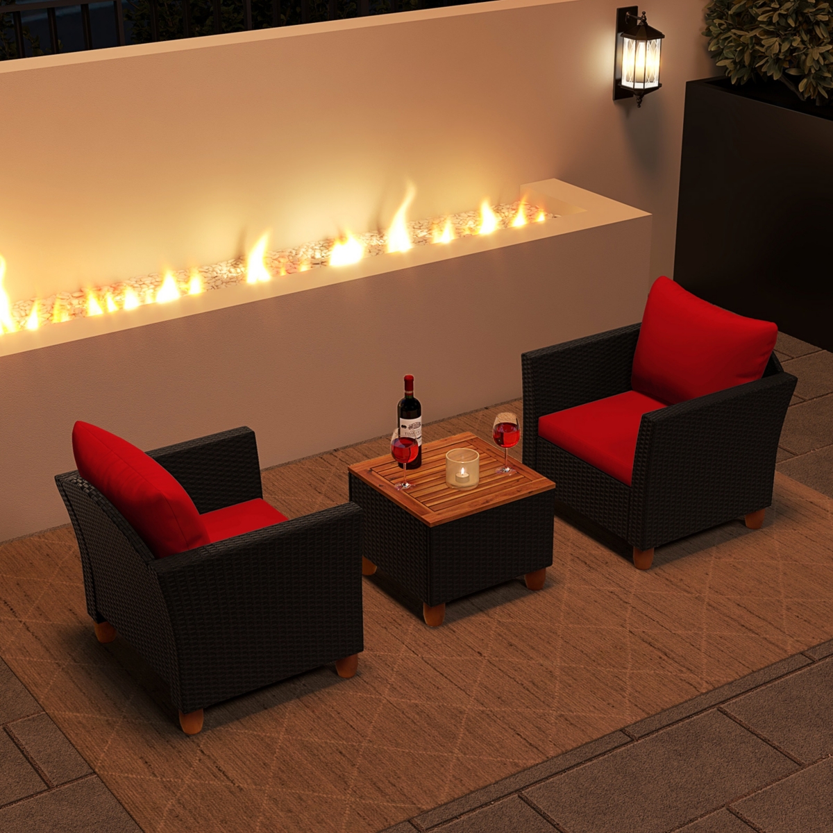 Costway 3PCS Outdoor Patio Rattan Furniture Set Wooden Table Cushioned Sofa