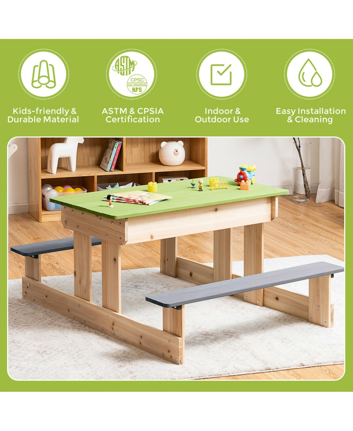3-in-1 Kids Picnic Table Outdoor Wooden Water Sand Table w/ Play Boxes
