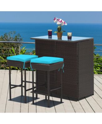 3PCS Patio Rattan Wicker Bar Table Stools Dining Set Cushioned Chairs