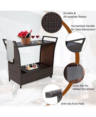 Patio Rattan Bar Serving Cart Wheels Ice Bucket Glass Top Handle Garden