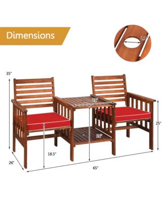 Acacia Wood Loveseat Patio Outdoor Conversation Set w/ Table Red Cushion