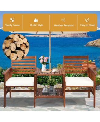 Acacia Wood Loveseat Patio Outdoor Conversation Set w/ Table White Cushion