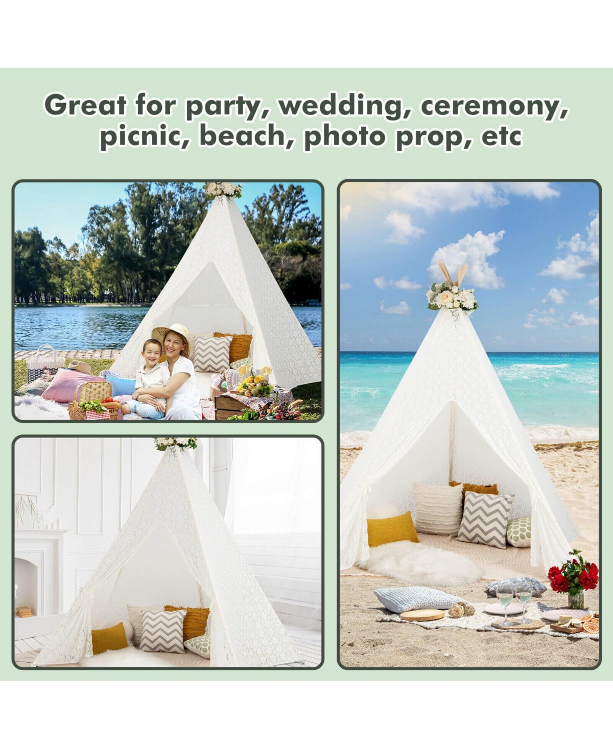 Lace Teepee Tent with Colorful Light Strings for Children