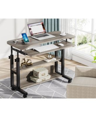 Portable Desk with Power Outlets, Height Adjustable Side Table Sofa Couch Bedside Laptop Computer Cart with USB Charging Ports, Mobile Small Standing Desk with Keyboard Tray